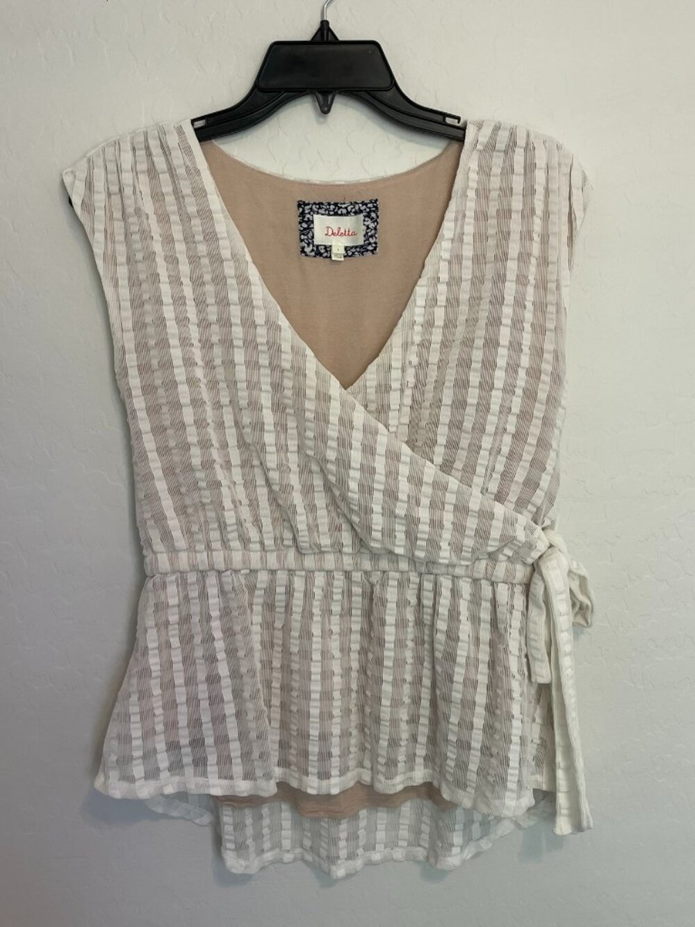 Deletta white and beige gingham wrap top with tie detail, size S